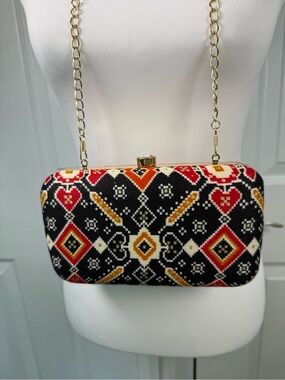 Boho Geometric Patola Pattern Black & Red Box Clutch with Gold Chain
